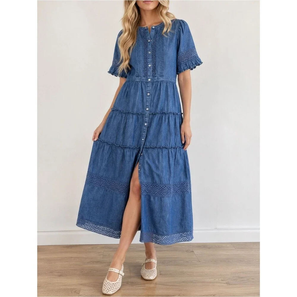 NWT Gap x LoveShackFancy Denim Tiered Midi Dress L Dark Wash Lace Button Front